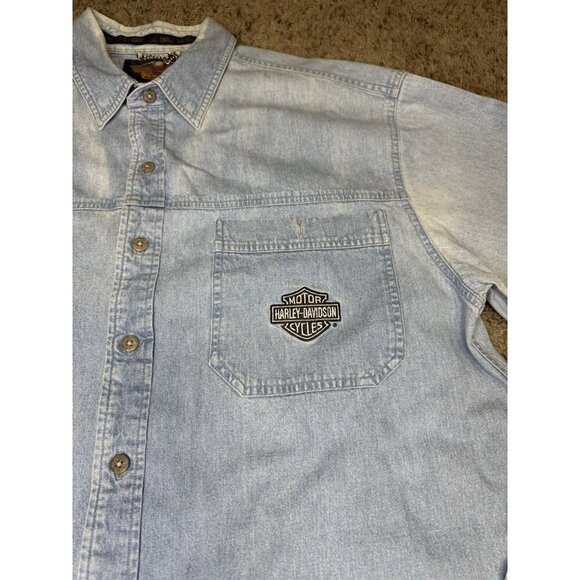 HARLEY DAVIDSON Vtg Button Down Shirt Denim Chambray Faded Motorcycle Biker XL - Picture 13 of 14